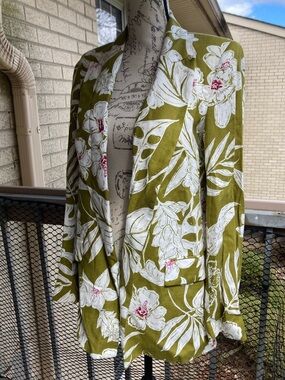 Zara Linen Blend Green Collared Blazer White Tropical Floral Print Size XS NEW